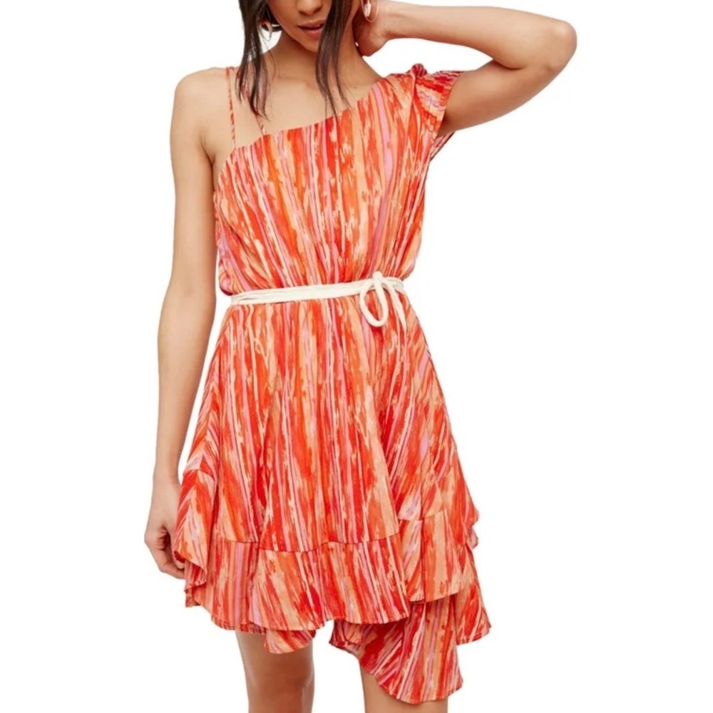 Free People Heart Shaped Face Mini Dress Orange Pink One Shoulder Size Large